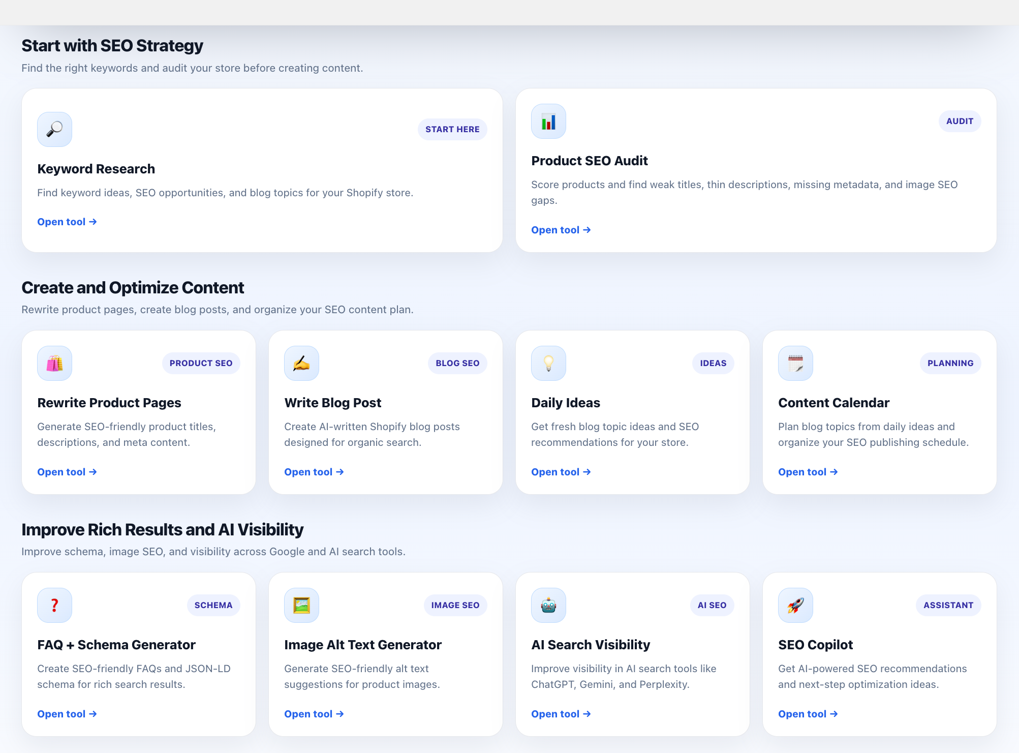 SEO Content Generator features for improving Shopify on-page SEO titles, descriptions, content, alt text and internal links