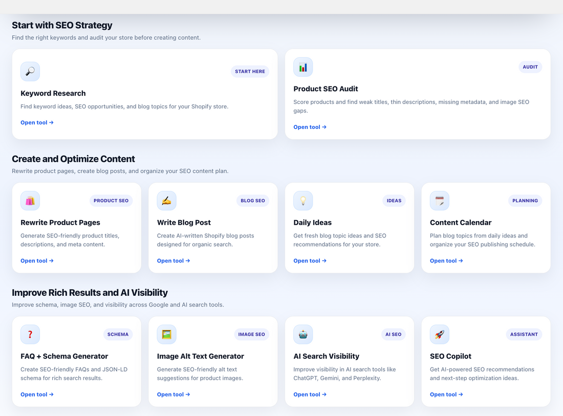 SEO Content Generator features supporting Shopify SEO audit follow-up, content improvements and ongoing optimization